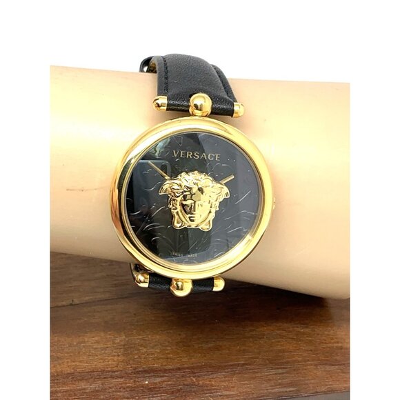 Versace Womens Watch VECO01420 Palazzo Swiss Quartz Gold Black Dial Leather Band - Picture 11 of 14